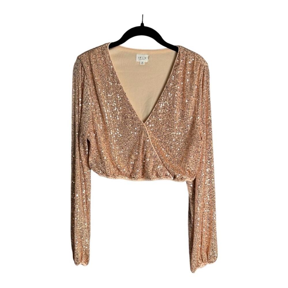 Le Lis Rose Gold Sequin Long Sleeve Cropped Faux Wrap Top Medium